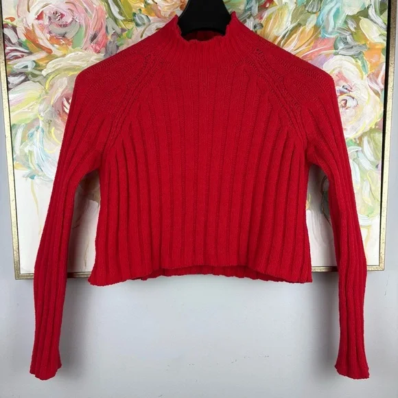 American Eagle Red Ribbed Knit Mock Neck Sweater (XS) - Picture 3 of 14